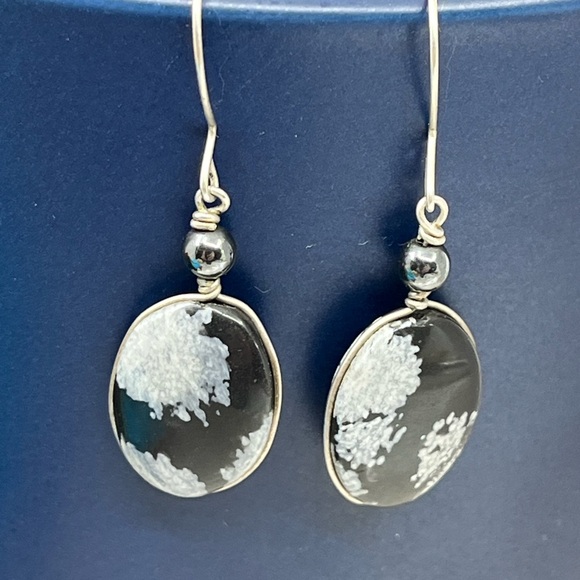 Handmade Vintage 1990's Snowflake Obsidian & Black Pearl Earrings - Picture 14 of 16